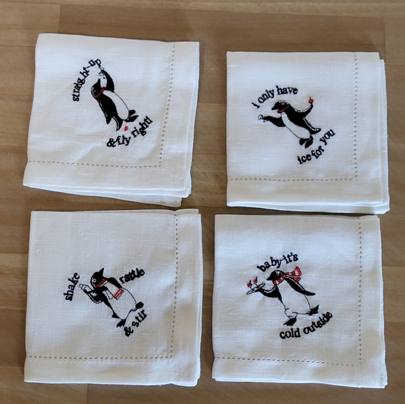 Vintage Restoration Hardware PENGUINS Songs Sayings Linen Napkins Set of 8 - Picture 2 of 9